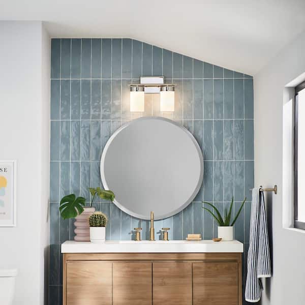 Ciona 14.5 in. 2-Light Polished Nickel Traditional Bathroom Vanity Light with Round Ribbed Glass