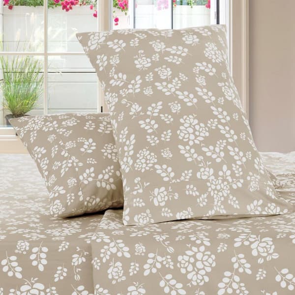 Lux Decor 4-Piece Microfiber Sheet Set Floral Bed Sheet with Deep Pocket Fitted Sheet and Pillowcases-King Taupe