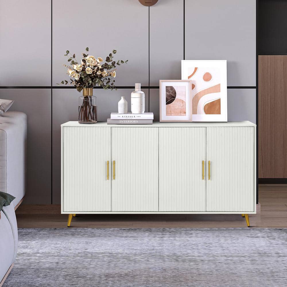 Antique White MDF 60 in. Sideboard 4 Door Buffet Cabinet with Storage Cabin