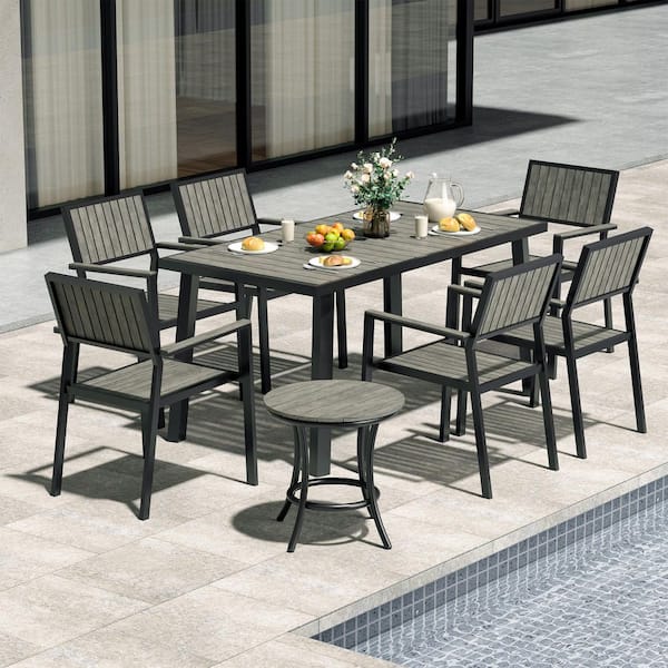 PamaPic 8-Piece Aluminum Gray Outdoor Patio Dining Set with Rectangle Table, Small Side Table and 6-Stackable Chairs