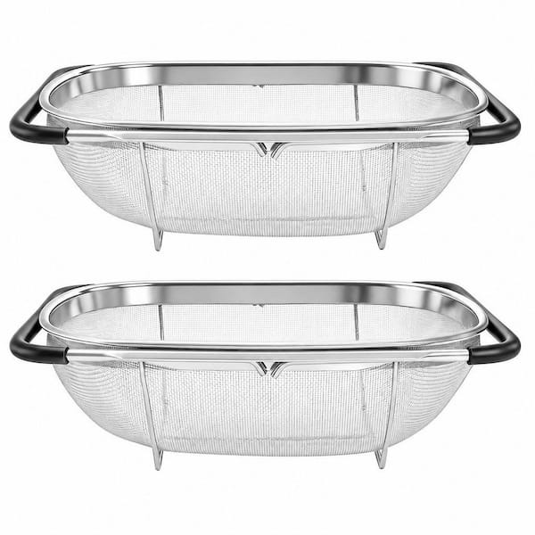 Over the Sink Oval Fine Mesh 6 Quart Stainless Steel Expandable Rubber Grip Handles Colander (Set of 2)