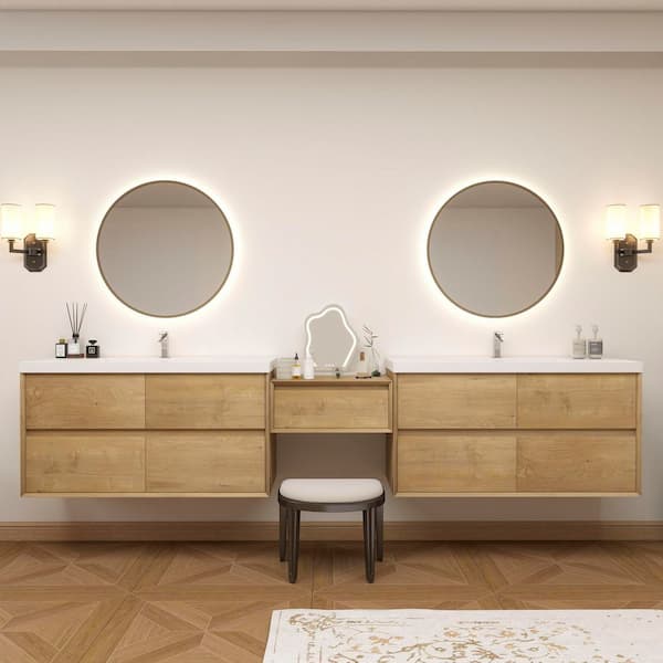 Kingdee 118 in. W x 20 in. D x 26 in. H Double Sink Middle Table Counter Bath Vanity in Teak Oak with White Acrylic Top