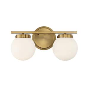 16 in. W x 8 in. H 2-Light Natural Brass Bathroom Vanity Light with White Glass Shades