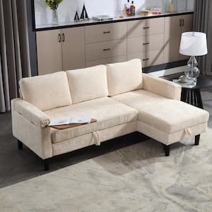 73 in. Modern Beige Chenille Pull Out Sleeper Sectional Sofa Bed with Side Hidden Table and Storage Chaise