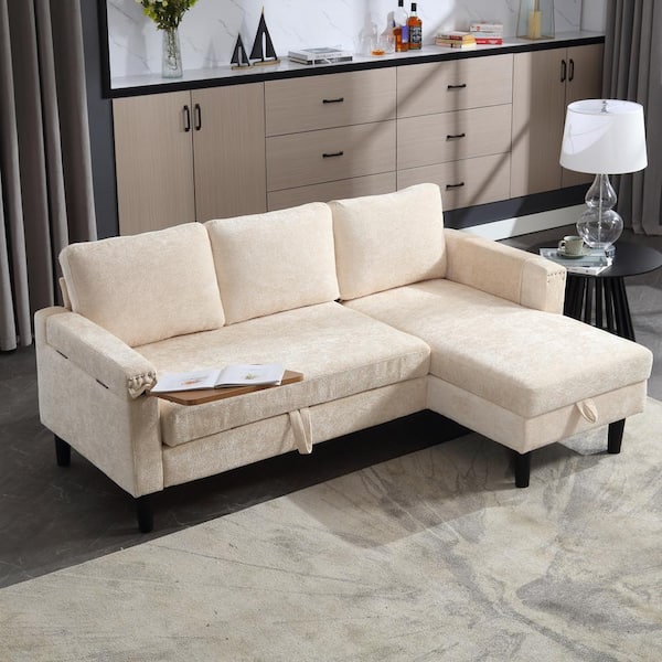 73 in. Modern Beige Chenille Pull Out Sleeper Sectional Sofa Bed with Side Hidden Table and Storage Chaise