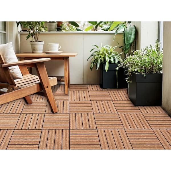 WRIGHTMASTER 0.98 ft. x 0.98 ft. Wood and Plastic Composite Deck Tile Interlocking in Walnut Light Wood Grain (19 sq. ft. Per Box)