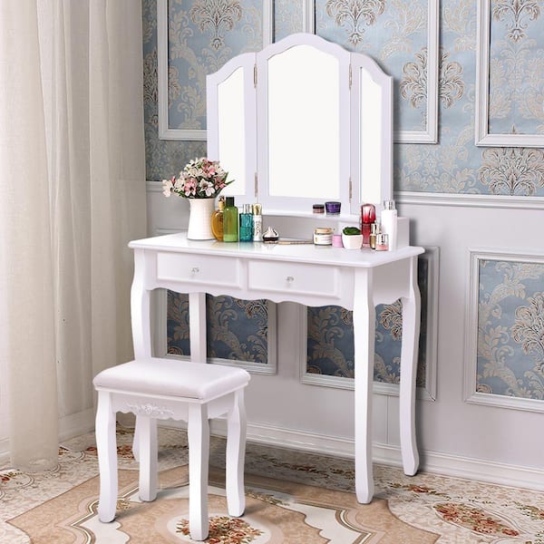 White Wood Bedroom Vanity Makeup Table Stool Set with Tri Folding Mirror