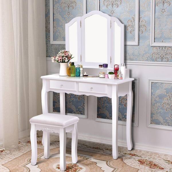 Costway White Wood Bedroom Vanity, Wayfair Vanity Set With Stool And Mirror