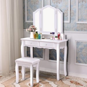 White Wood Bedroom Vanity Makeup Table Stool Set with Tri Folding Mirror
