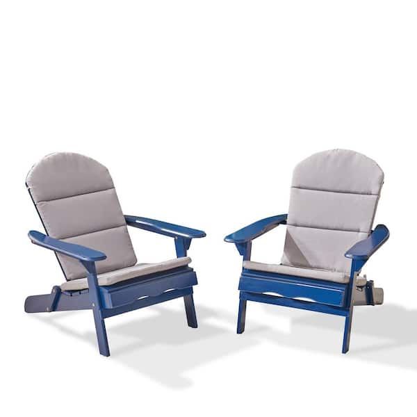 Noble House Malibu Navy Blue Folding Wood Adirondack Chairs with Gray Cushions (2-Pack)