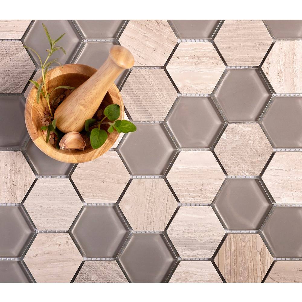 Gray Hexagon Glass and Marble Mosaic Tile for Walls and Floors