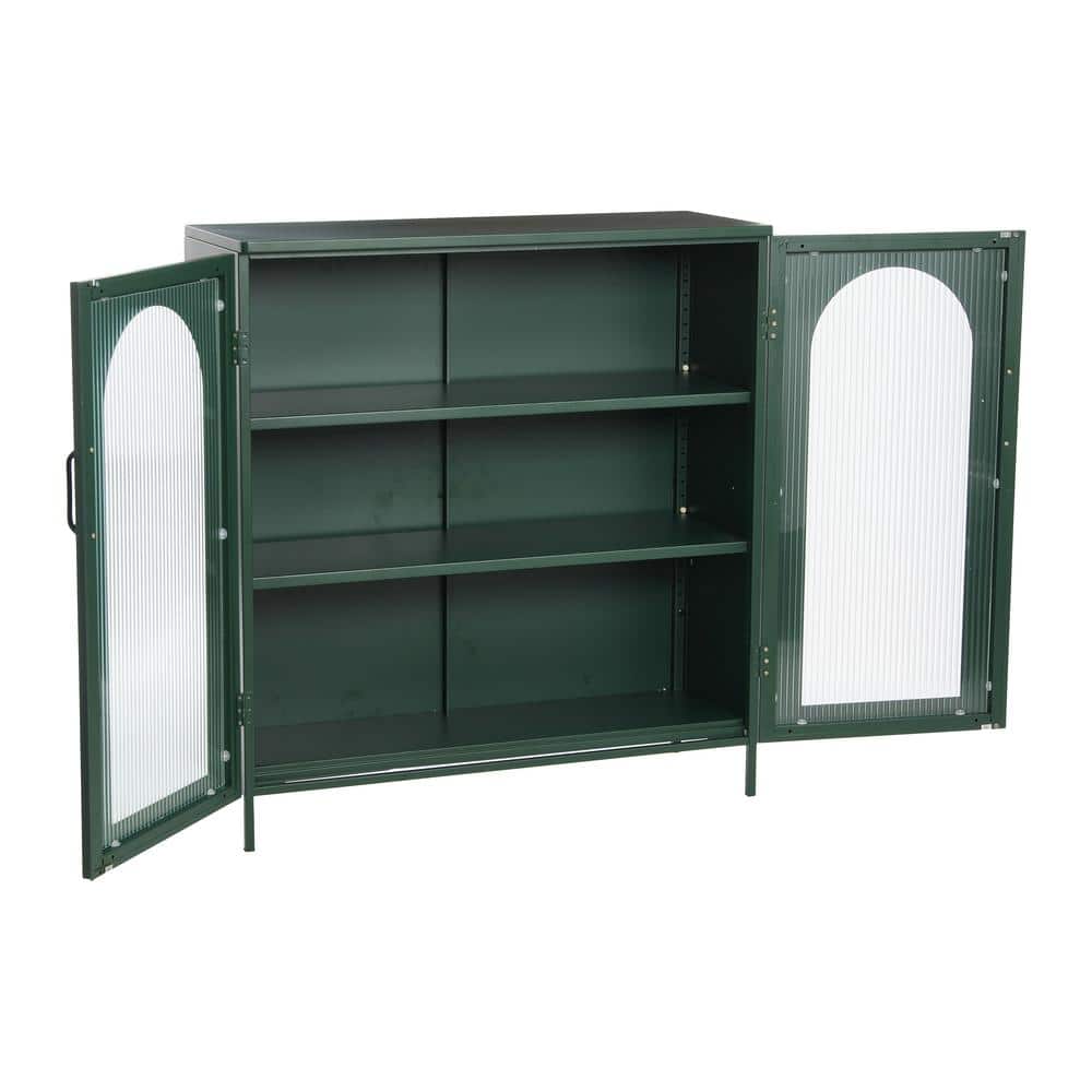 Dark Green Metal Cabinet with Adjustable Shelves and Arched Glass Doors
