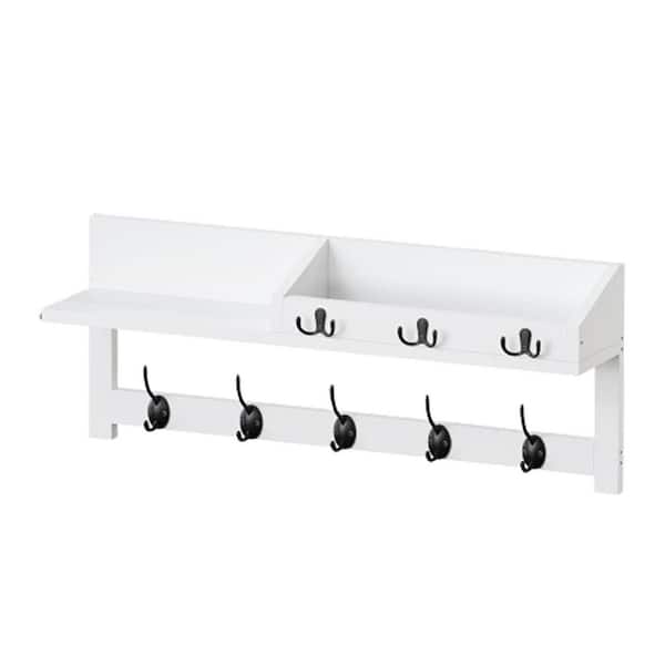 26.57 in. W x 10.24 in. D White Hanging Shelf With 5 Coat Hooks Decorative Wall Shelf