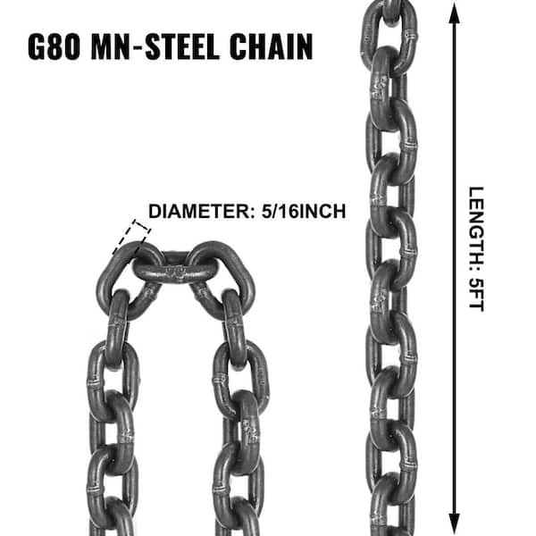VEVOR 5 ft. x 5/16 in. Double Leg Chain Sling G80 Hoist Chain with Grab  Hooks 6600 lbs. Load for Factory Mining Ports Building GLSJG80SZ8MMX1.5MV0  - The Home Depot