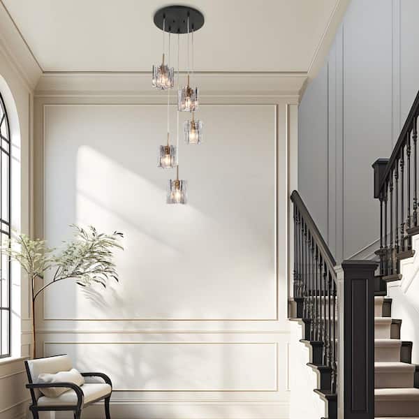 Echonalyri Modern 5-Light Black and Plating Brass Chandelier with Glam Gray Textured Glass for Foyer Entryway Lighting