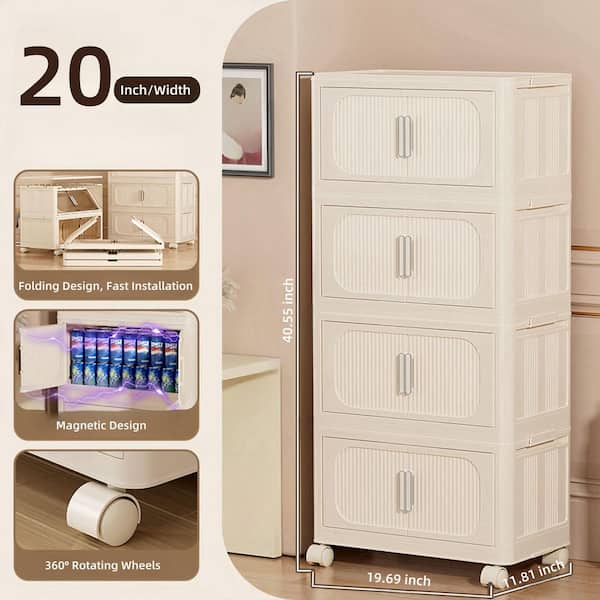 Cream White 41 in. H 4 Tiers Folding Collapsible Storage Cabinet with Magnetic Door, Plastic Storage Cabinet with Wheels