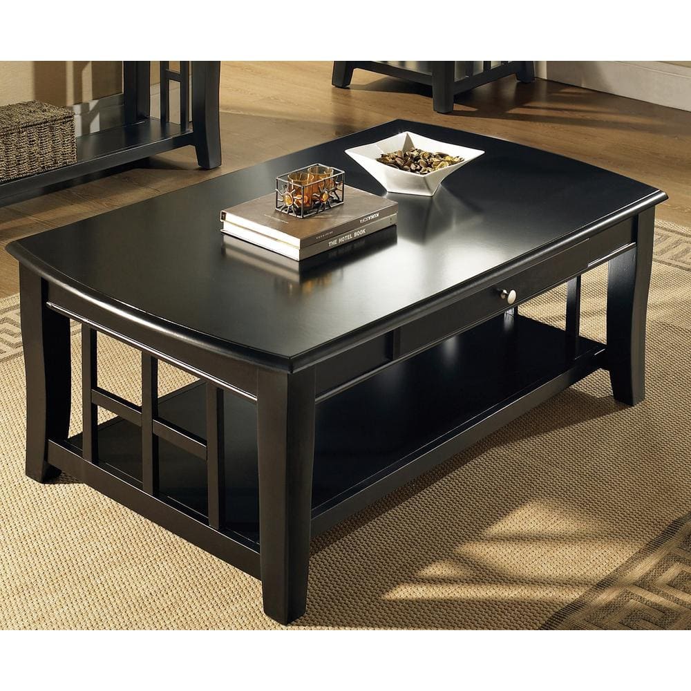 Black Rectangular Wood Coffee Table with Storage and Shelf