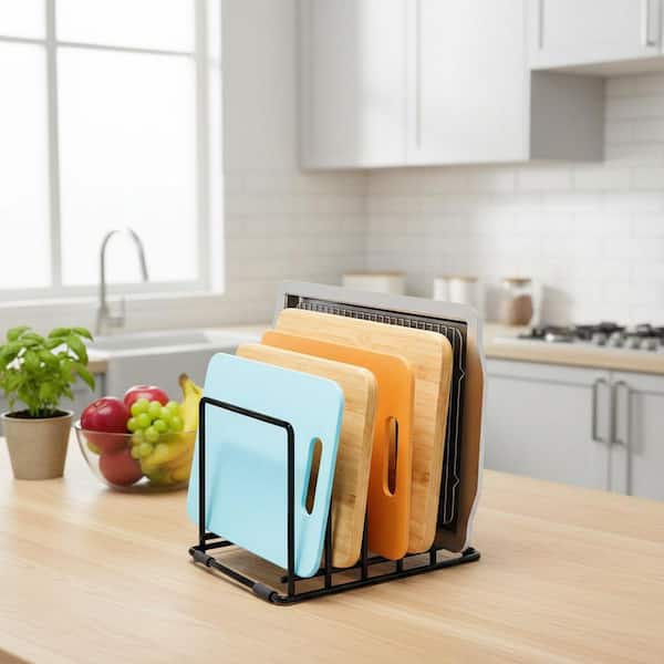Steel Cutting Board Organizer 2-Pack Kitchen Storage Rack 5-Slot for Boards, Trays, Thin Pans, Clutter-Free