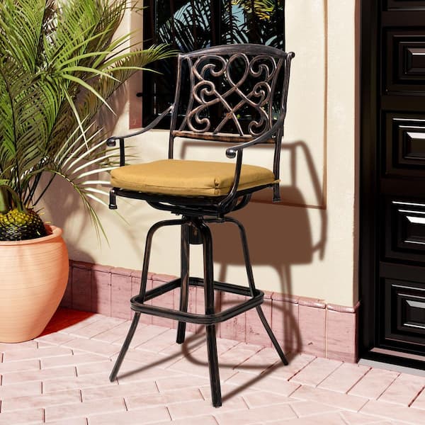 Pellebant Antique Swivel Cast Aluminum Outdoor Bar Stool with Sunbrella Echo Teak Cushion