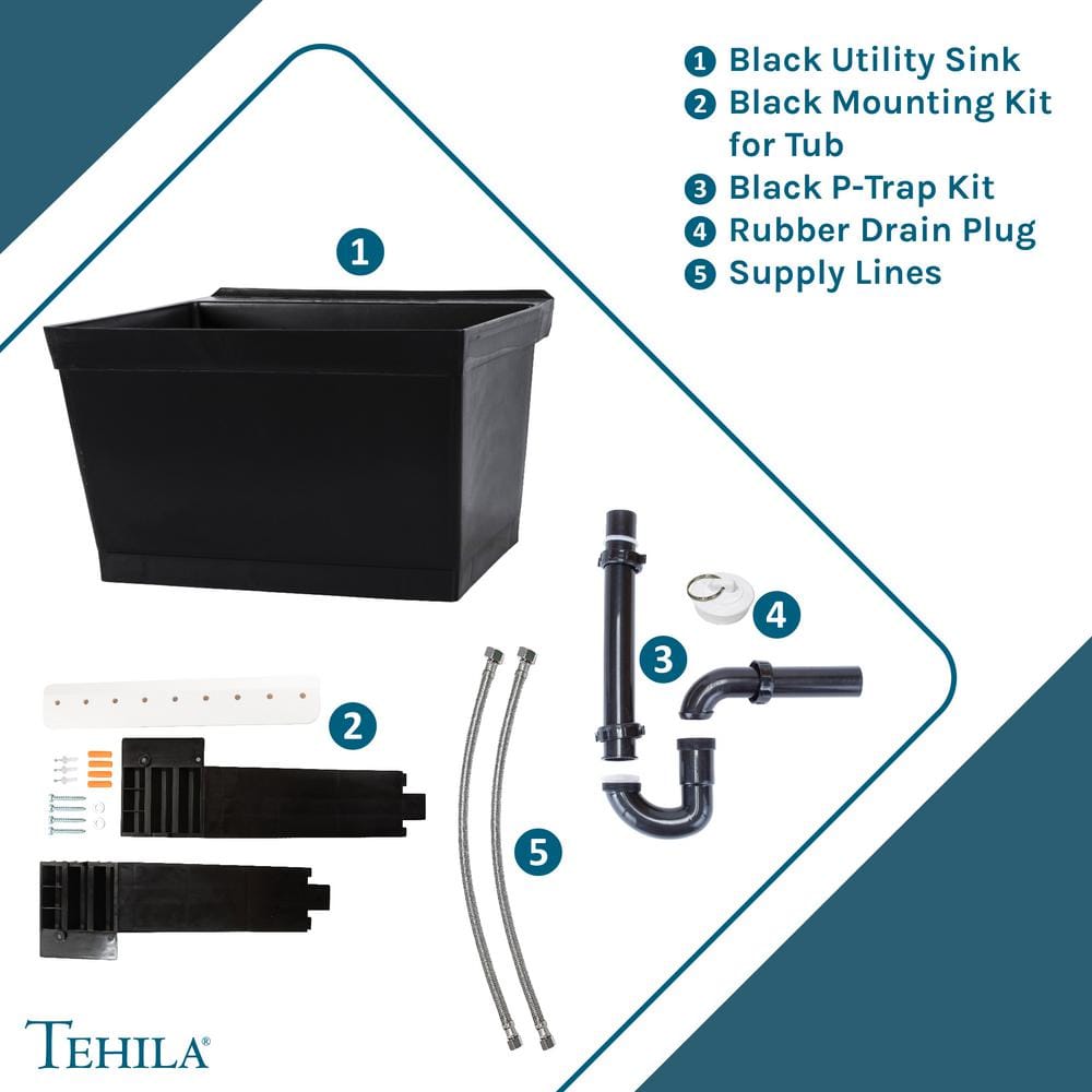 Black Wall Mount Utility Sink with Drain Assembly Kit