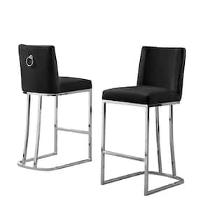 Erin 24 in. H Black Low Back Counter Height Chair With Silver Chrome Base and Back Ring With Velvet Fabric (Set of 2)