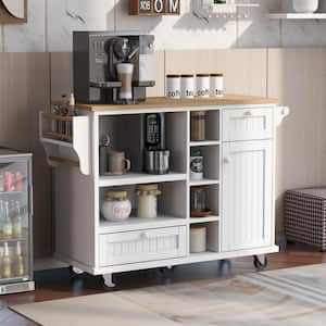 White Kitchen Island Cart with Wood Desktop, Microwave Cabinet, Floor Standing Buffet Server Sideboard