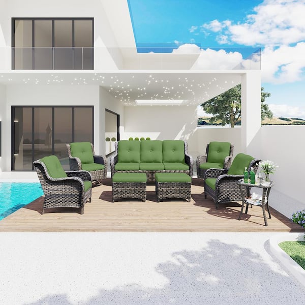 Gardenbee 8-Piece Wicker Outdoor Patio Conversation Sectional Set with Green Cushions
