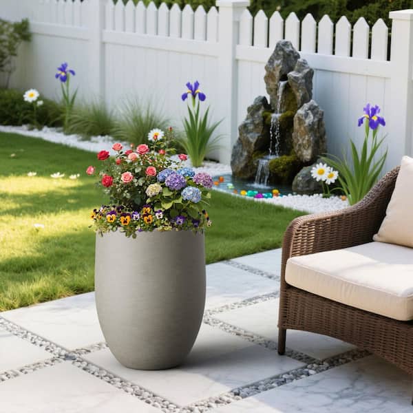 16in. W x 21.5in. H Concrete Tall Round Flower Planter Handcrafted Stone Gray Large Plant Pots with Drainage Hole