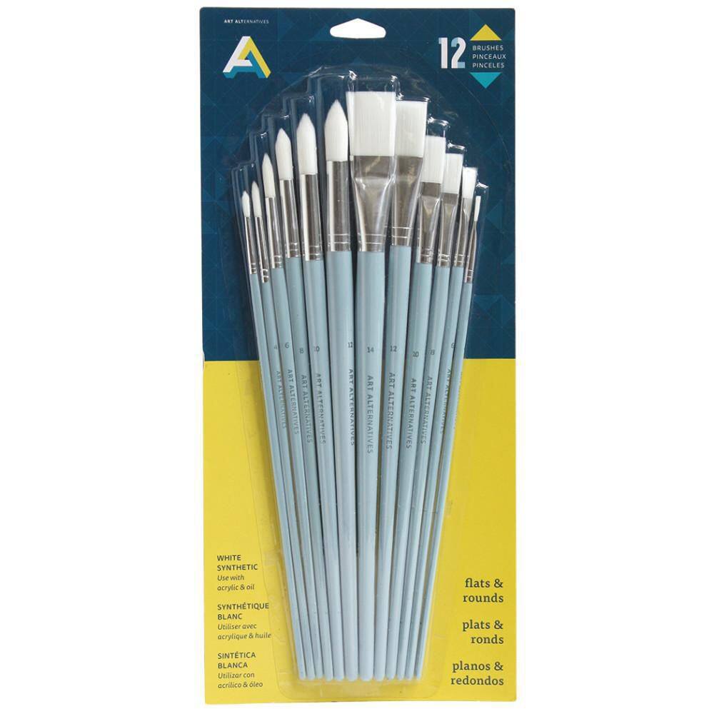Art Alternatives Long Handle, Synthetic, Flats and Rounds Brush Set (12