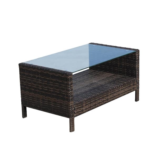 Zeus & Ruta Brown Outdoor Rattan Patio Coffee Table with Clear Tempered Glass for Poolside, Patio, Garden and Deck