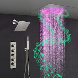 15-Spray 20 in. and 10 in. Ceiling Mount LED Music Dual Shower Head Fixed and Handheld Shower in Brushed Nickel