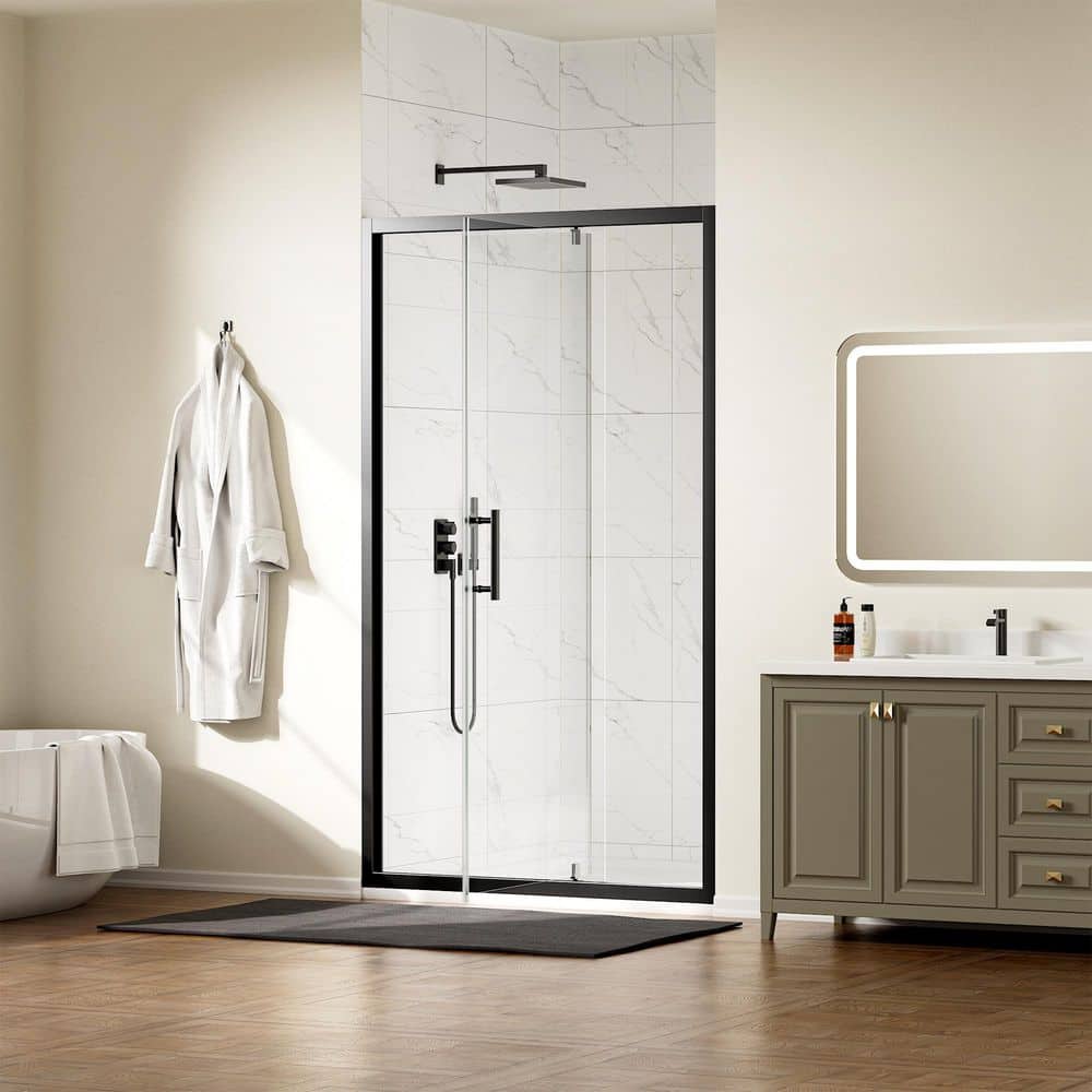 Yingze 42 in. W x 72 in. H Pivot Framed Shower Door in Matte Black