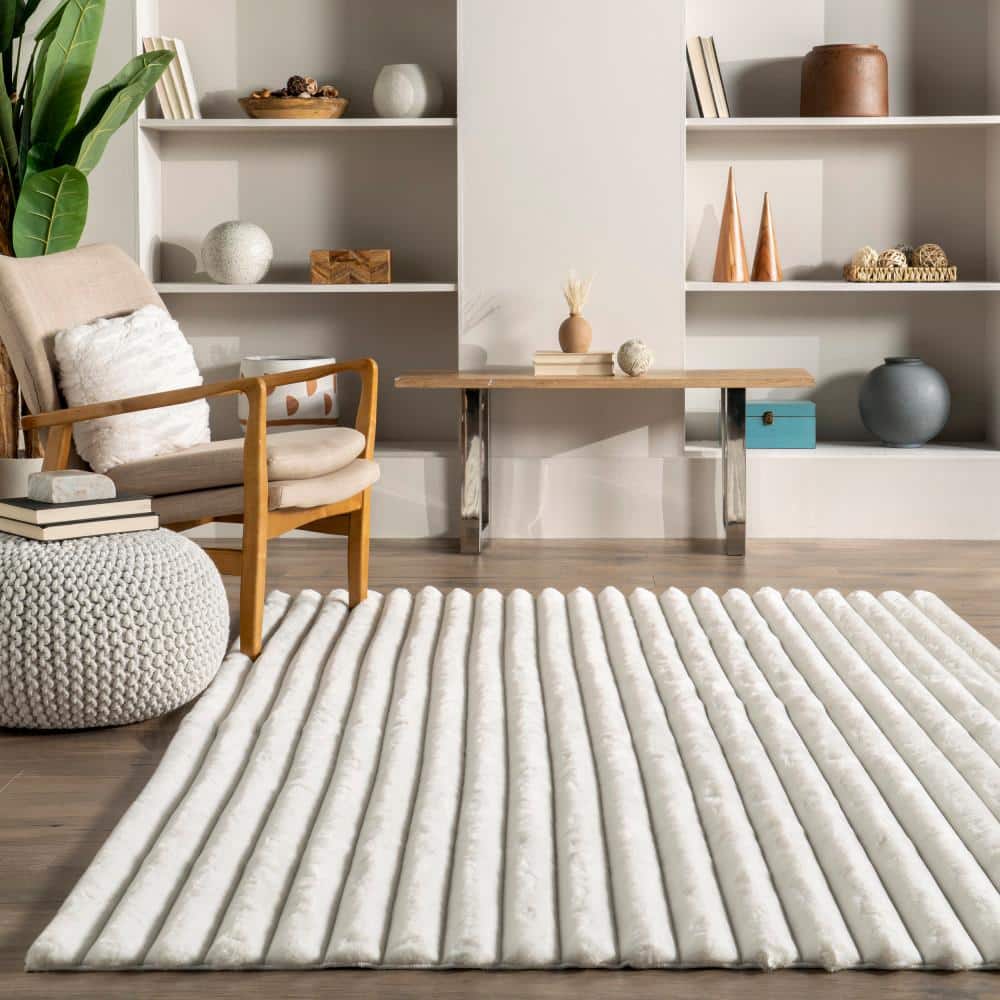 Kai Off White Faux Fur Stripe Washable Area Rug