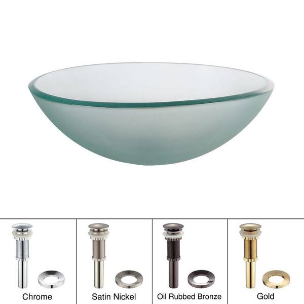 KRAUS Glass Vessel Sink in Frosted with Pop-Up Drain and Mounting Ring in Chrome