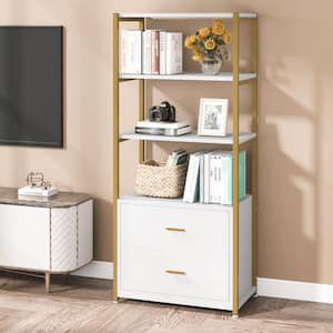 Kaduna 23.6 in. Wide White and Gold 4-Shelf Etagere Bookcase with 2-Drawers