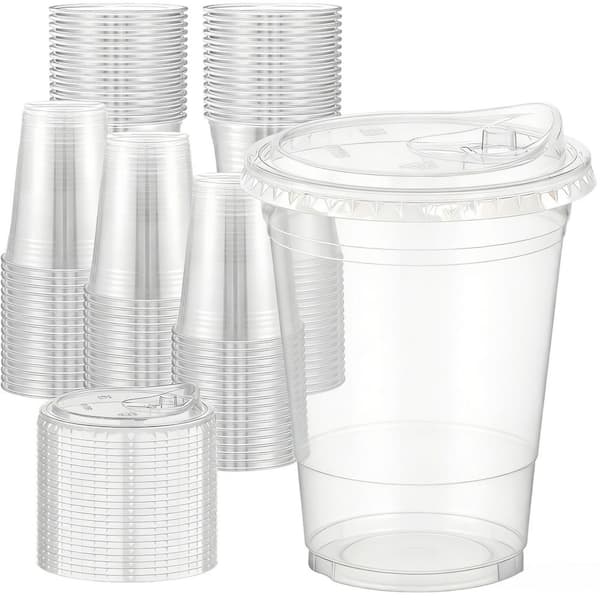 16 oz. Plastic Cups with Food Safe, Lids and Sip Lids for Iced Coffee, Smoothies and Cold Drinks, Clear (100-Pack)