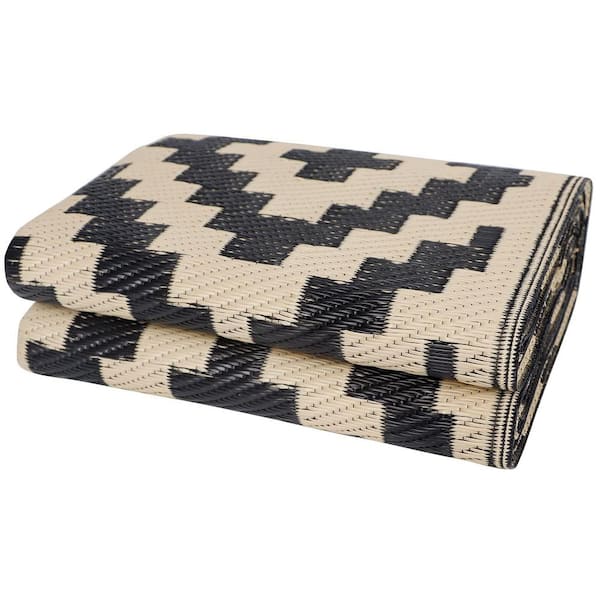 Angel Sar 5 ft. x 8 ft. Waterproof Reversible Outdoor Rug for Backyard, Black and Beige
