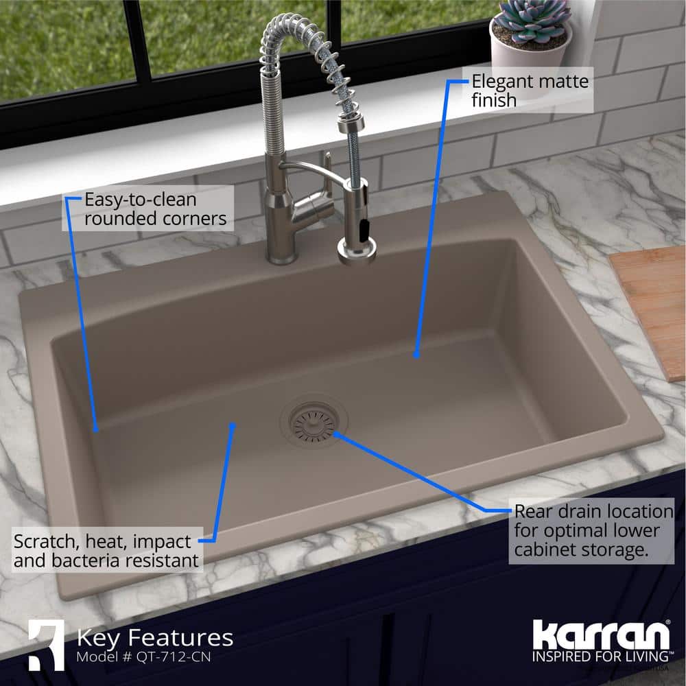 Concrete Quartz Composite Single Bowl Kitchen Sink, 33'' x 22''