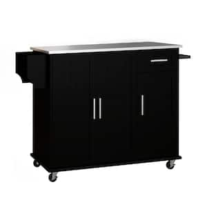 Black Wood 50.5 in. W Kitchen Island with Drawer, 3 Cabinets, Stainless Steel Countertop, Spice Rack and Towel Rack