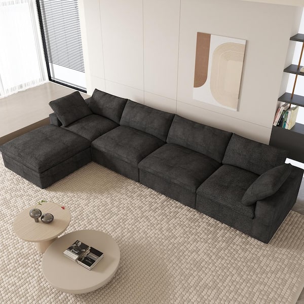 160.6 in. W Square Arm Linen L Shaped 5-Pieces Modular Free Combination Sofa with Storage Ottoman in Black