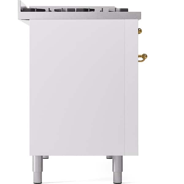 Nostalgie II 48 in. 8-Burner Plus Griddle Double Oven Liquid Propane Dual Fuel Range in White with Brass Trim