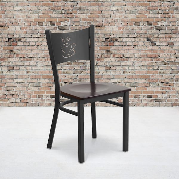 Hercules Series Black Coffee Back Metal Restaurant Chair with Walnut Wood Seat