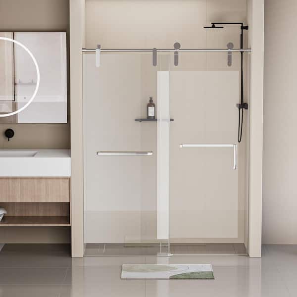 Moray 60 in. W x 76 in. H Frameless Stainless Steel Single Sliding Shower Door in Chrome 5/16 in. Tempered Clear Glass