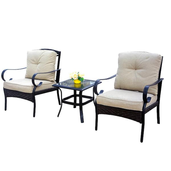 moda furnishings Lucy 3-Piece Iron Pipe Patio Conversation Set with Beige Cushions