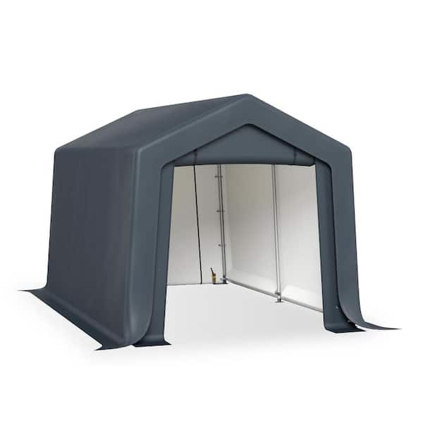 8 ft. x 12 ft. x 7.3 ft. Carport Garage Storage Shed with Walls and Doors Galvanized Steel Frame in Gray