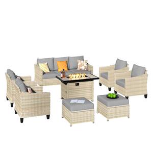 Oconee Beige 8-Piece Modern Outdoor Patio Conversation Sofa Set with a Rectangle Fire Pit and Dark Grey Cushions