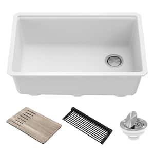 Bellucci White Granite Composite 30 in. Single Bowl Undermount Workstation Kitchen Sink with Accessories