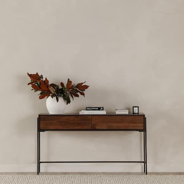 Medium Brown Solid Acacia Wood Console Table With Solid Iron Base. Medium Brown Solid Acacia Wood Console Table With Solid Iron Base.