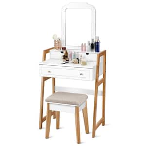 Black HONBAY Vanity Table Set with Round Mirror 2 Large Sliding Drawers Makeup Dressing Table with Cushioned Stool