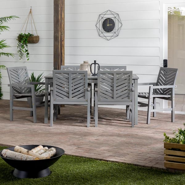 Walker Edison Furniture Company Grey Wash 7-Piece Chevron Wood Outdoor Patio Dining Set